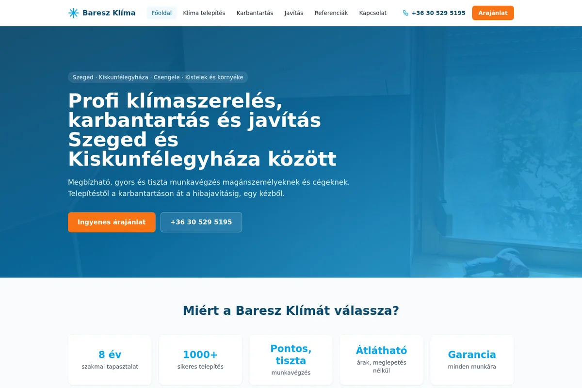 Baresz Klíma weboldal főoldala: klímaszerelés Szeged és Kiskunfélegyháza között