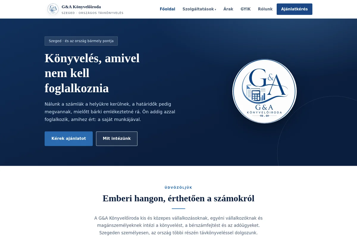 G&A Könyvelőiroda weboldal főoldala: könyvelés Szegeden és távkönyvelés országosan