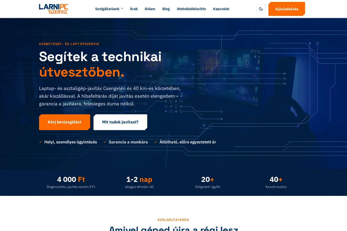LarniPC Szerviz weboldal főoldala: számítógép- és laptopszerviz Csengelén