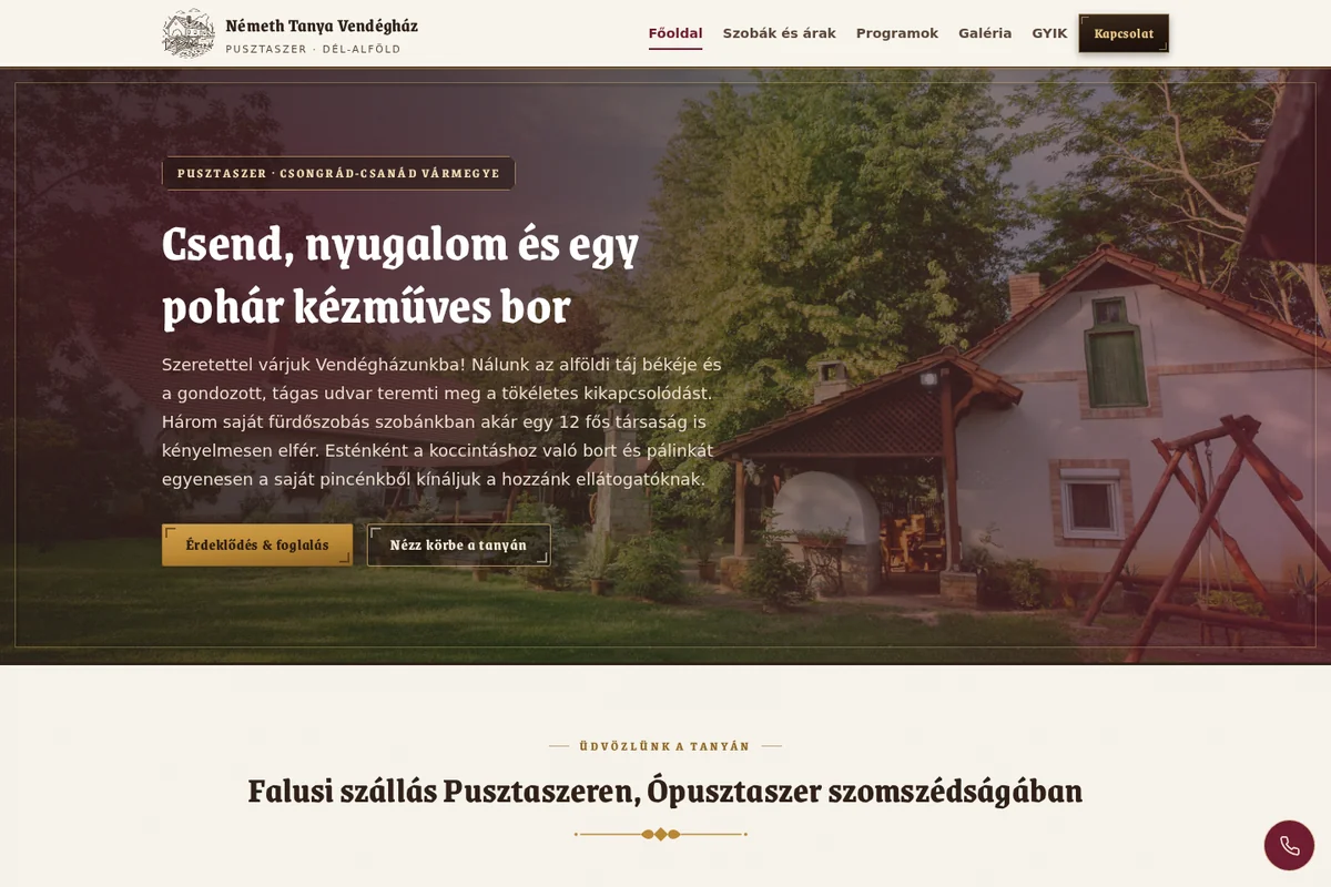 Németh Tanya Vendégház weboldal főoldala: falusi szállás Pusztaszeren